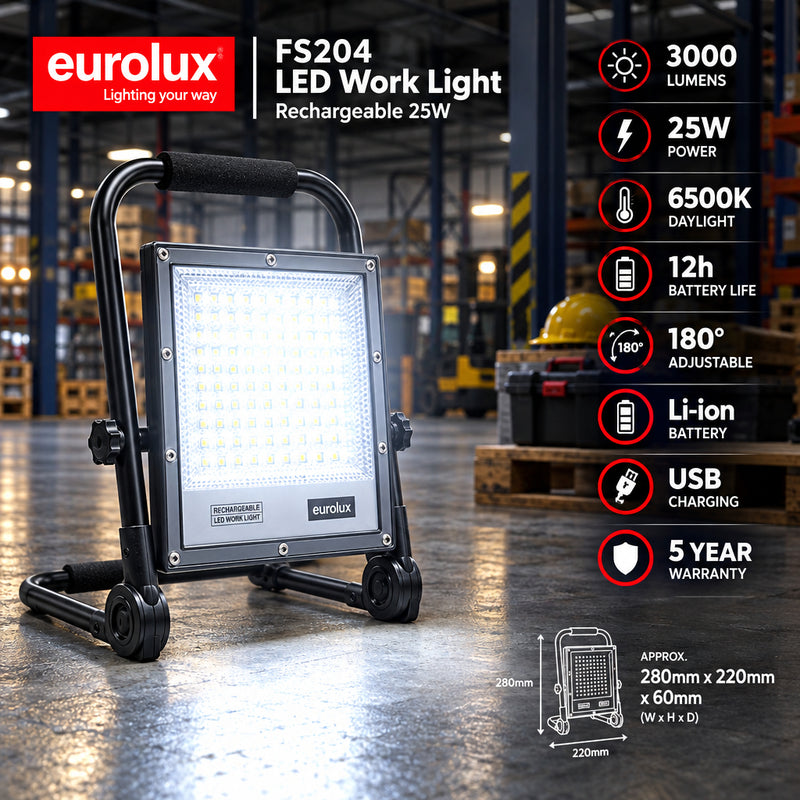 Eurolux-Rechargeable 25W Portable Work-light FS204-IP66-6500K-(2 Years Warranty-Industrial Area-Mr Smart Lighting Company.