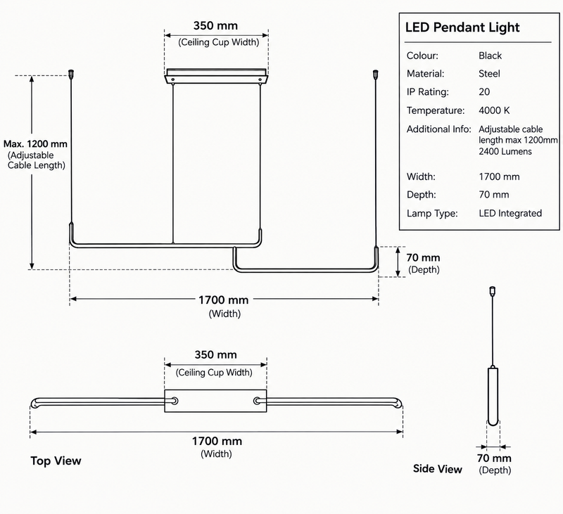 Eurolux Aro Pendant Black LED 40w 4000K-P1371-Product dimensions-Mr Smart Lighting Company.