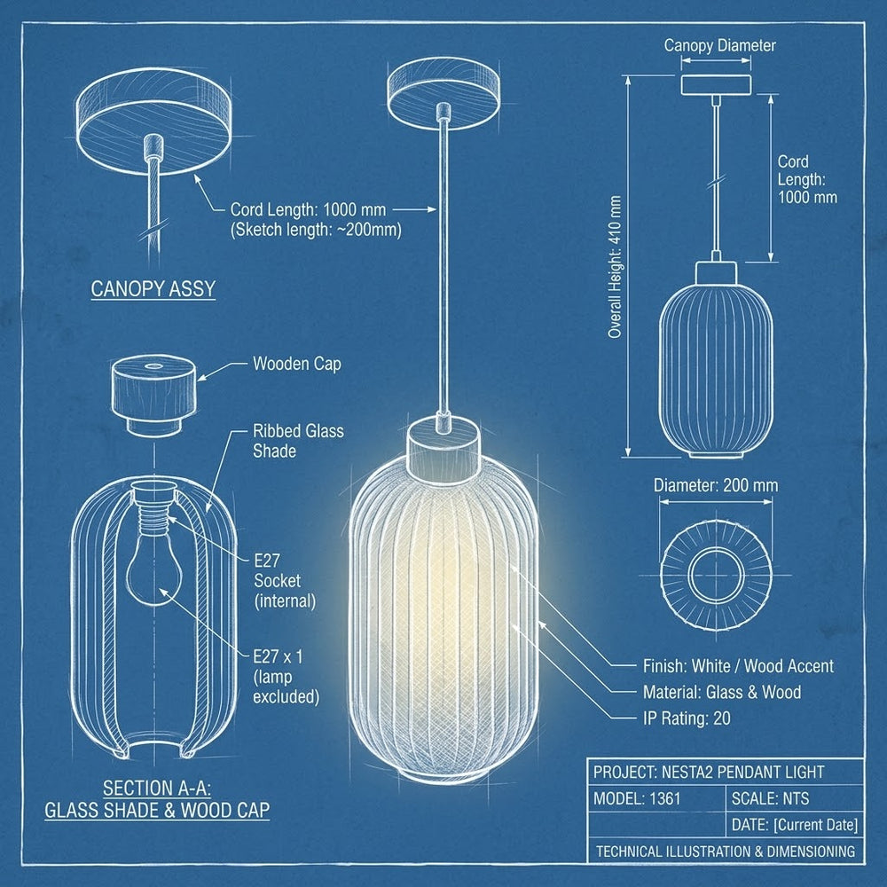 Eurolux Nesta2 Pendant White Wood/Glass E27 1x40wP1361