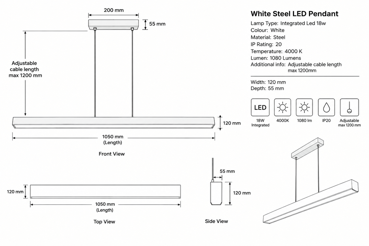 Eurolux Ona Pendant White Ash Wood LED 18w-IP20-4000K-P1376-Product dimensions-Mr Smart Lighting Company