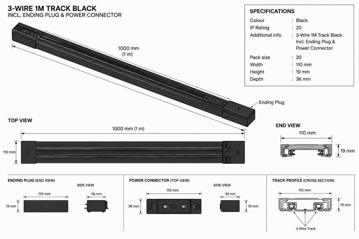 Eurolux PR788 3-Wire 1M Track Black Incl. Ending Plug & Power Connector Black-Product dimensions-Mr Smart Lighting Company