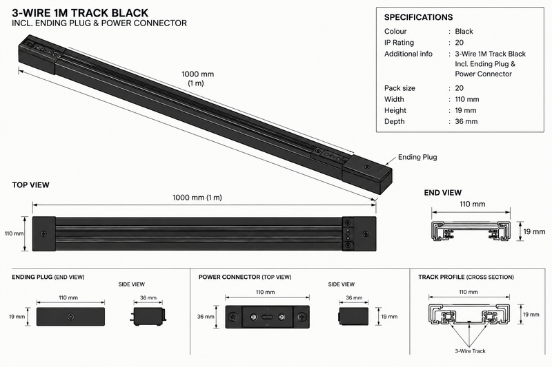 Eurolux PR788 3-Wire 1M Track Black Incl. Ending Plug & Power Connector Black-Product dimensions-Mr Smart Lighting Company