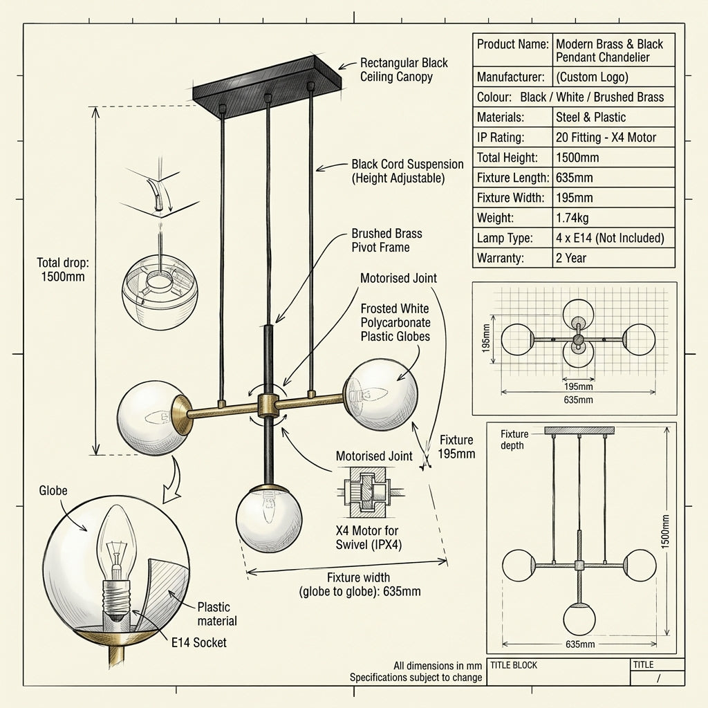 Eurolux Paz 3 LT Pendant Black/ White/Brushed Brass-P1352-Product dimensions/Drawing-Mr Smart Lighting Company.