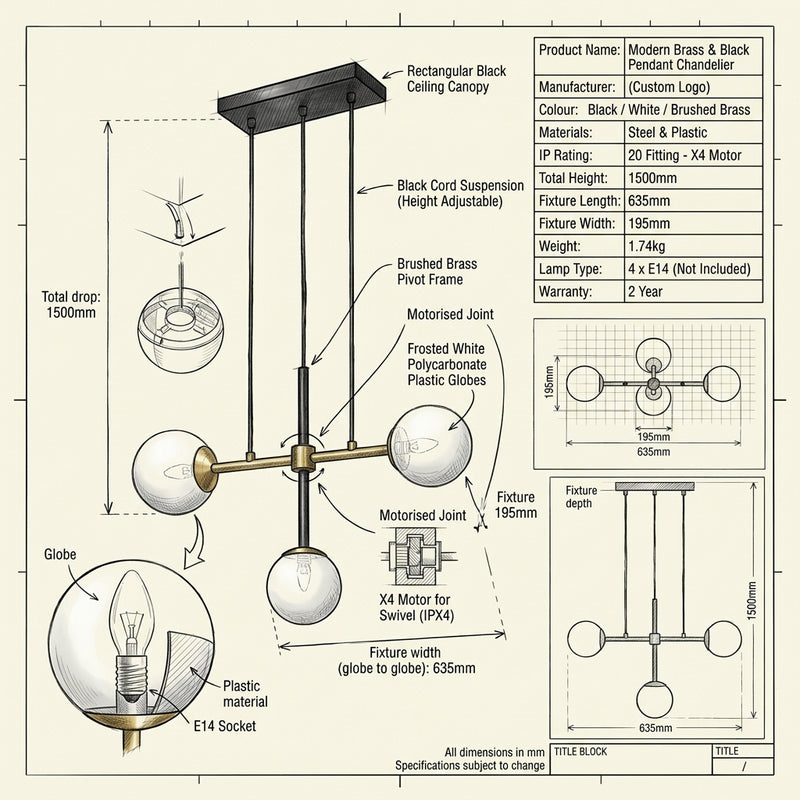 Eurolux Paz 3 LT Pendant Black/ White/Brushed Brass-P1352-Product dimensions/Drawing-Mr Smart Lighting Company.