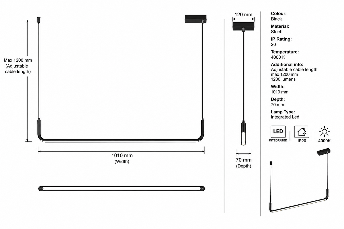 Eurolux Veo Pendant Black LED 20w 4000K-P1370-Product dimensions-Mr Smart Lighting Company