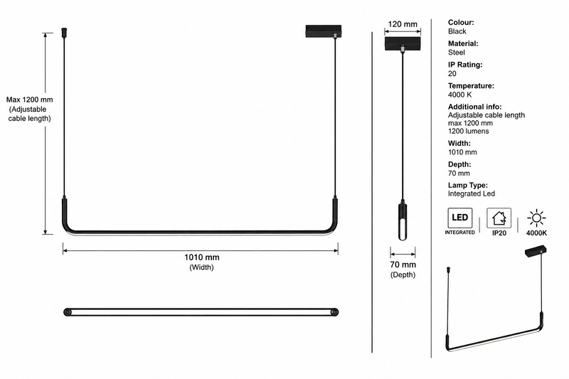 Eurolux Veo Pendant Black LED 20w 4000K-P1370-Product dimensions-Mr Smart Lighting Company