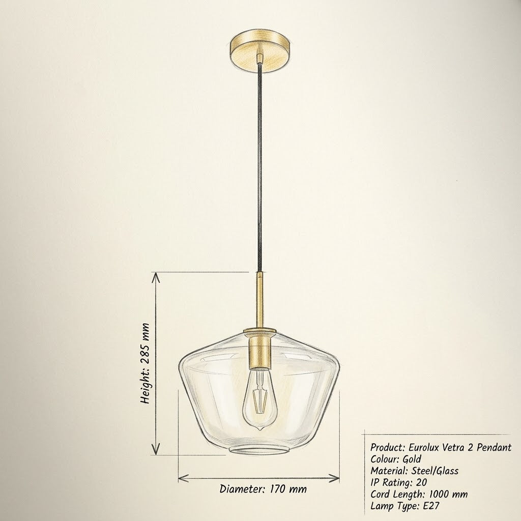 Eurolux Vetra 2 Pendant Gold E27 1x40w-P136-Modern product dimensions-Mr Smart Lighting Company