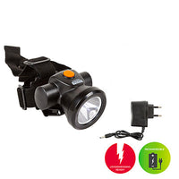Black LED headlight with charging cable and packaging on a white background