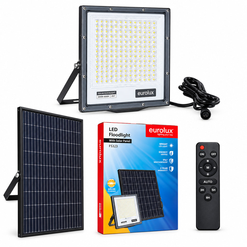 Eurolux Led Flood Light With Solar Panel-FS323-IP67-3000-6500K-(3 Years Warranty).