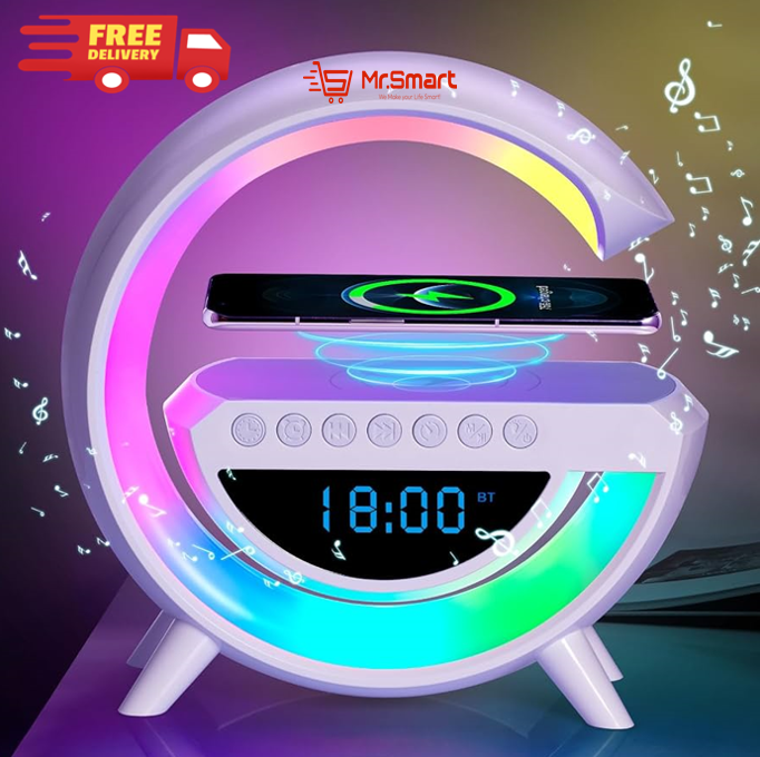 BT-3401 G-Shape Multifunction Light With Alarm Clock, Wireless Charger & BT Speaker.