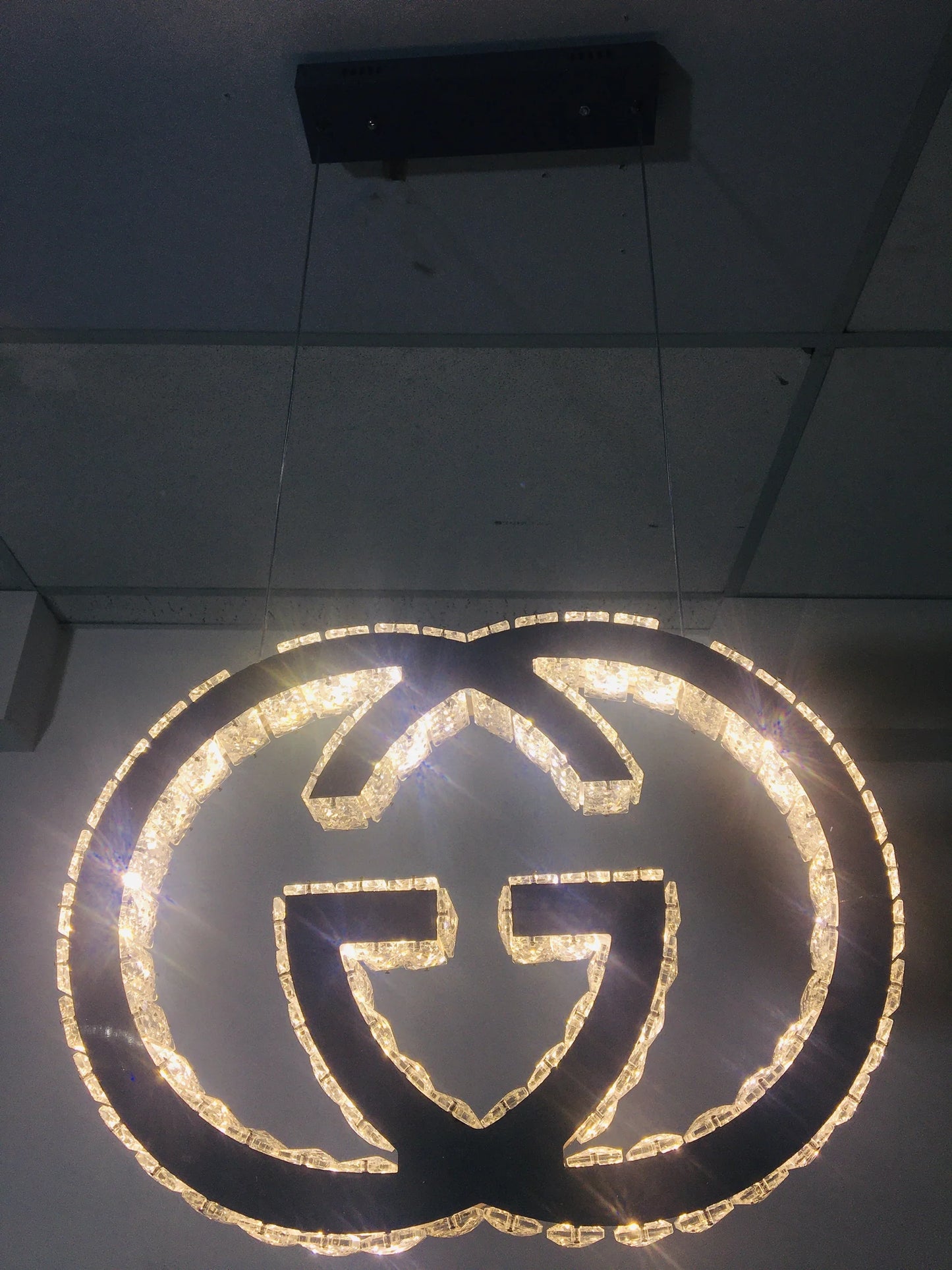 GUCCI Logo Luxury Crystal Hanging LED Pendant Light with Remote control.