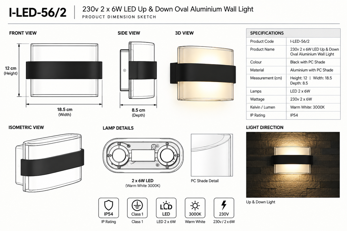 K-Light-230v 2 x 6W LED Up & Down Oval Aluminium Wall Light-56/2-IP54-3000K-Product dimensions-Mr Smart Lighting Company