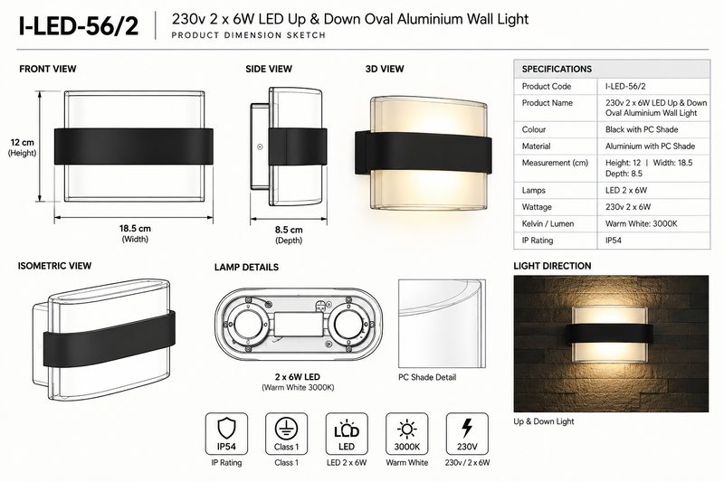 K-Light-230v 2 x 6W LED Up & Down Oval Aluminium Wall Light-56/2-IP54-3000K-Product dimensions-Mr Smart Lighting Company