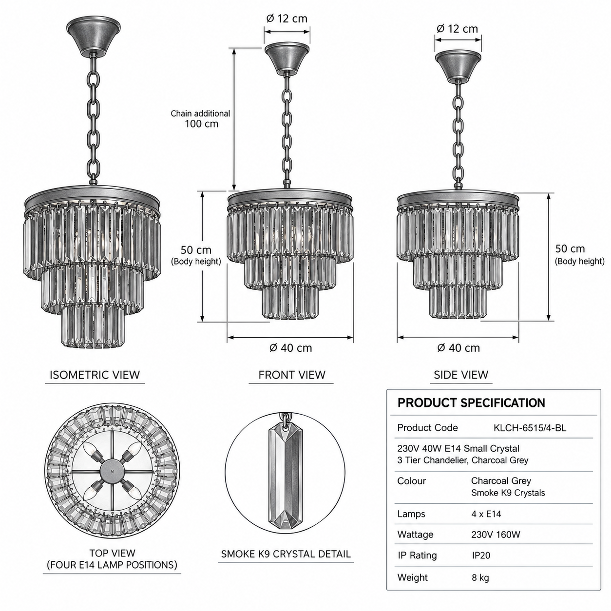 K-Light KLCH-6515/4-BL 230v 40W E14 Small Crystal 3 Tier Chandelier, Charcoal Grey-Product dimensions-Mr Smart Lighting Company