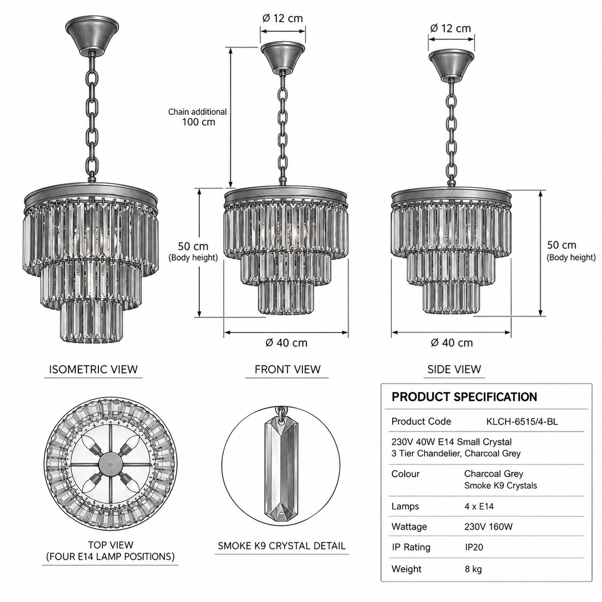 K-Light KLCH-6515/4-BL 230v 40W E14 Small Crystal 3 Tier Chandelier, Charcoal Grey-Product dimensions-Mr Smart Lighting Company