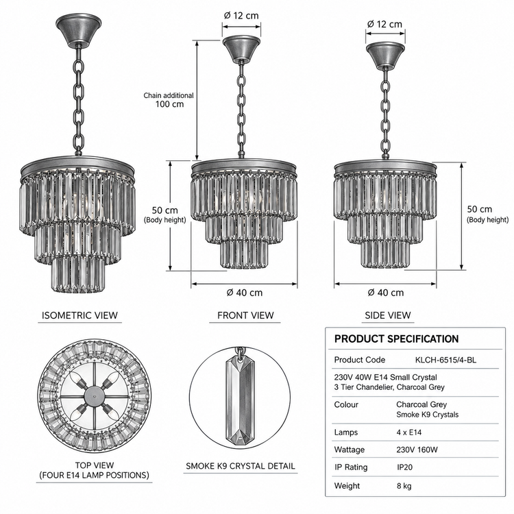 K-Light KLCH-6515/4-BL 230v 40W E14 Small Crystal 3 Tier Chandelier, Charcoal Grey