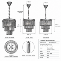 K-Light KLCH-6515/4-BL 230v 40W E14 Small Crystal 3 Tier Chandelier, Charcoal Grey-Product dimensions-Mr Smart Lighting Company