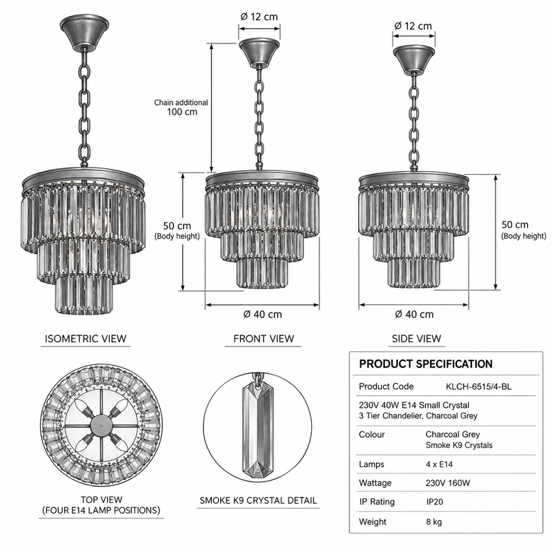 K-Light KLCH-6515/4-BL 230v 40W E14 Small Crystal 3 Tier Chandelier, Charcoal Grey-Product dimensions-Mr Smart Lighting Company