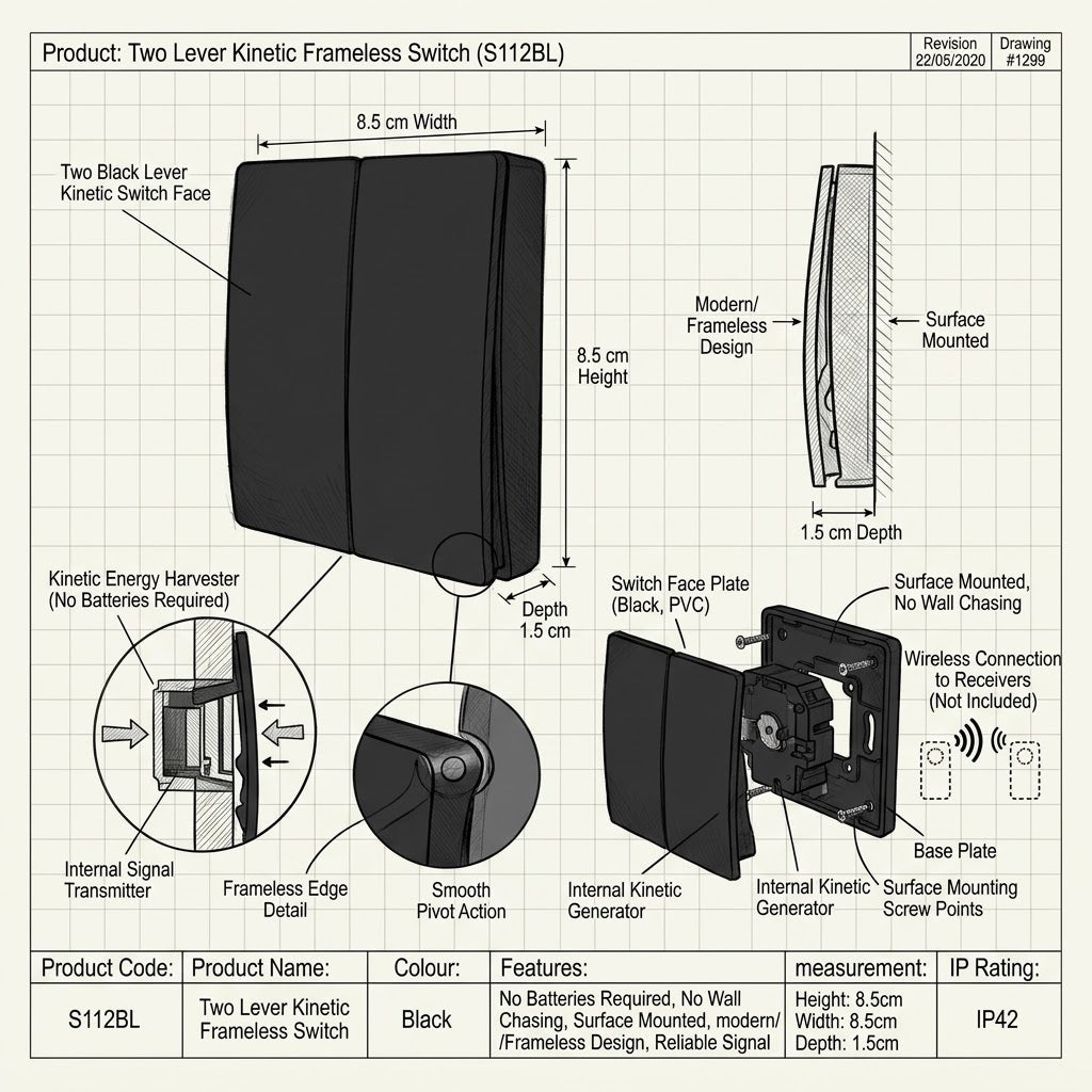 K.Light Two Lever Kinetic Frameless Switch SLL2BL IP42-Product dimensions-Mr Smart Lighting Company.