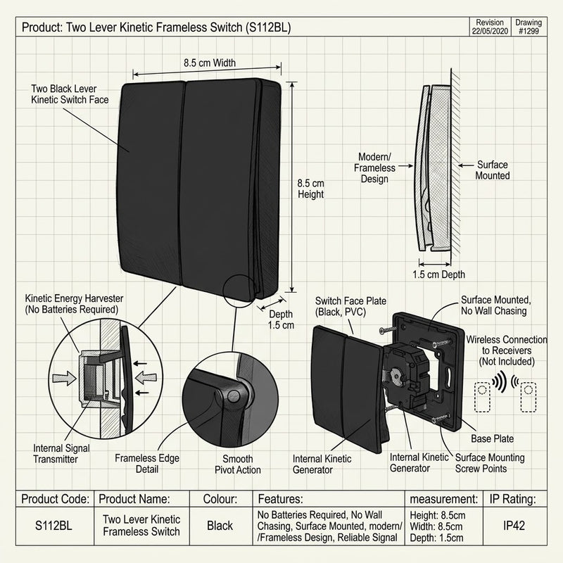 K.Light Two Lever Kinetic Frameless Switch SLL2BL IP42-Product dimensions-Mr Smart Lighting Company.