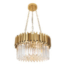 Gold chandelier with crystal accents on a black background