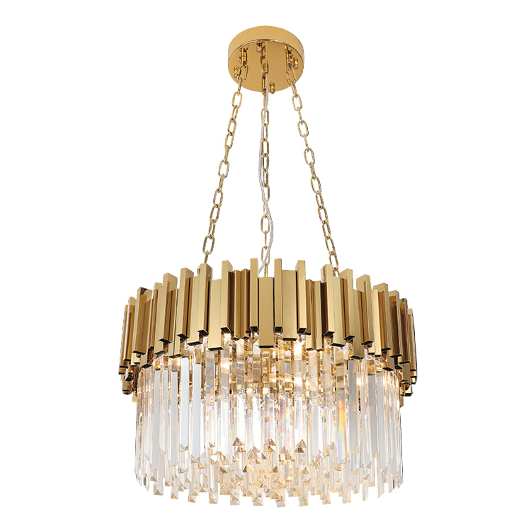Gold chandelier with crystal accents on a black background