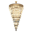 Chandelier with multiple tiers of crystal on a black background