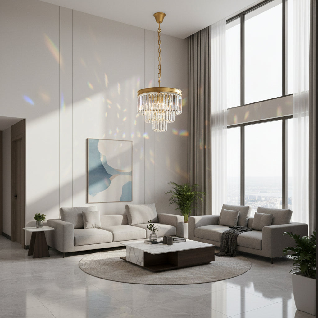 K-Light KLCH-6515/4-SG 230v 40W E14 Small Crystal 3 Tier Chandelier, Satin Gold