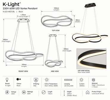 K Light K-LED-4827/BL 230V 60W LED Vortex Pendant Black