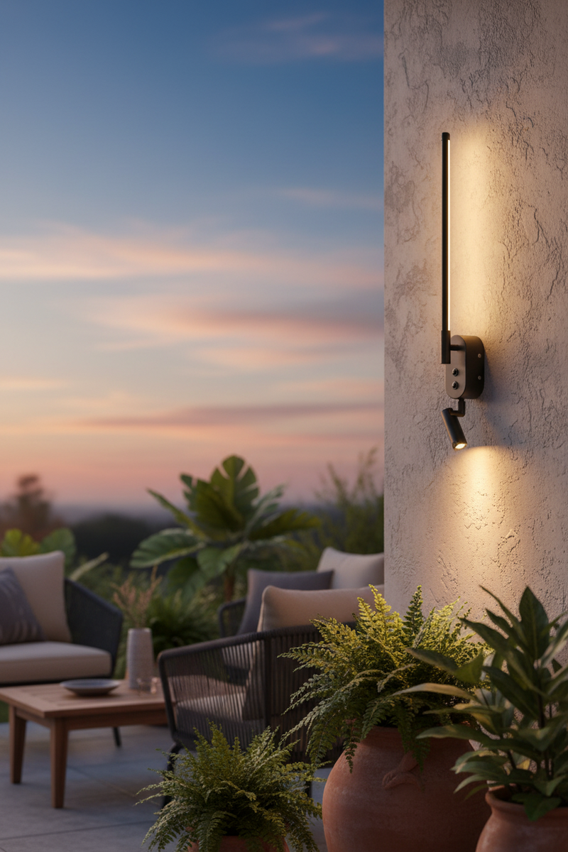WB554 Black Aluminum and PMMA Linear Wall Light with Rotatable Spotlight Arm and 2 Switches