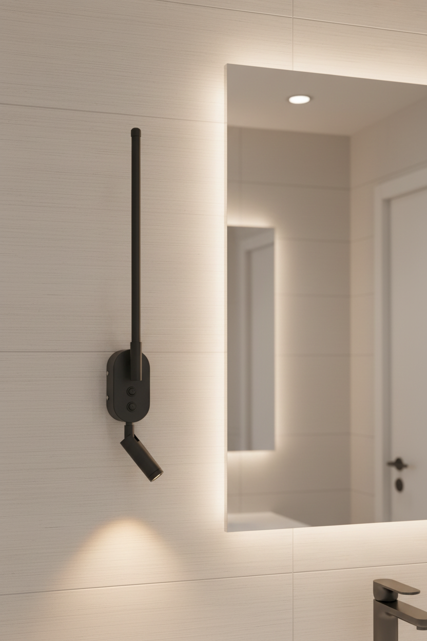 WB554 Black Aluminum and PMMA Linear Wall Light with Rotatable Spotlight Arm and 2 Switches
