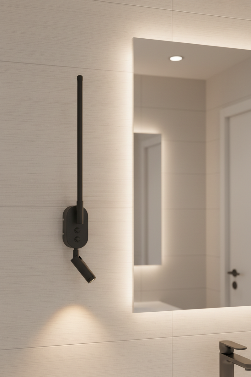 WB554 Black Aluminum and PMMA Linear Wall Light with Rotatable Spotlight Arm and 2 Switches