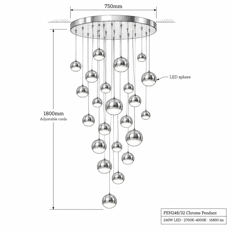 PENDANT LIGHT-PEN248/32 CHROME 3CCT-Product Dimensions-Mr Smart Lighting Company