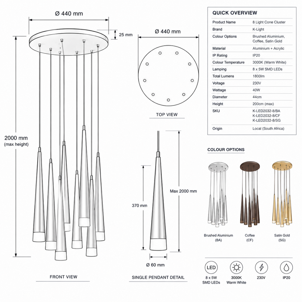 K Light K-LED2032-8/BA, K-LED2032-8/CF, K-LED2032-8/SG 40W LED Round 8 Light Cone Cluster (Multiple Colors/Finishes)