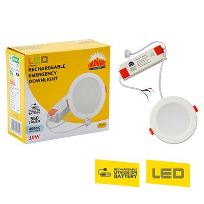 Radiant 10w Rechargeable Emergency Downlight White Led 4000K.