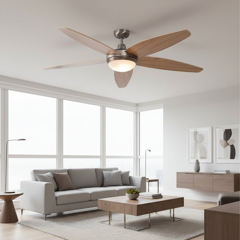 Lancer Ceiling Fan with Light Satin Chrome & Wood-RF31WD