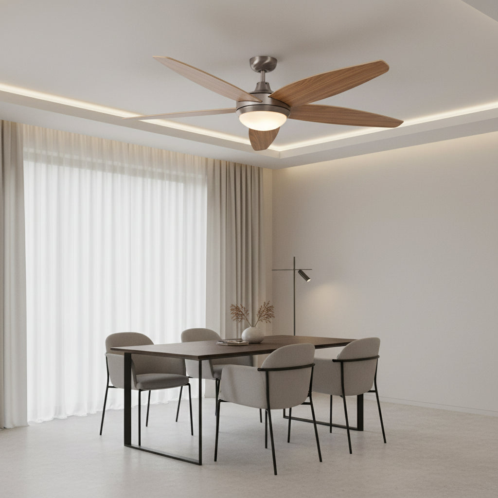 Lancer Ceiling Fan with Light Satin Chrome & Wood-RF31WD