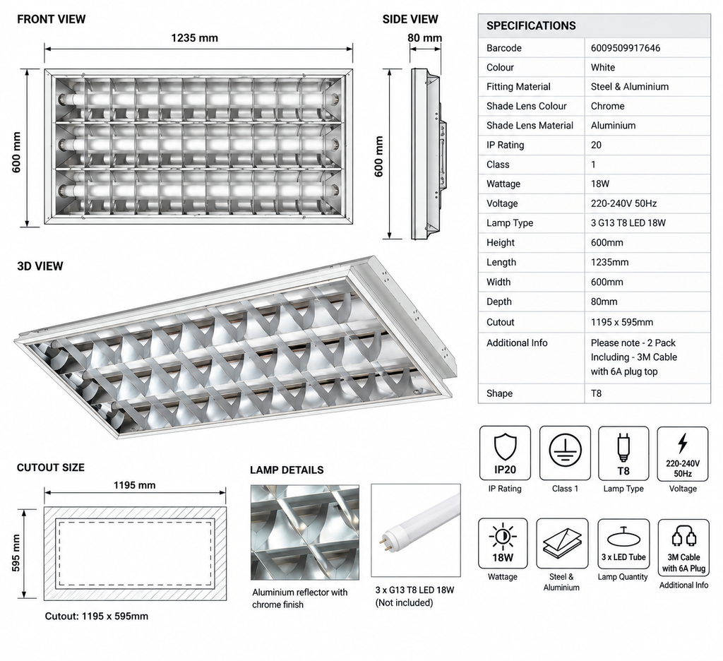 Radiant-RPR347 Recessed Ceiling Light wired for LED T8 3x18w Cord set-Pack of 02.