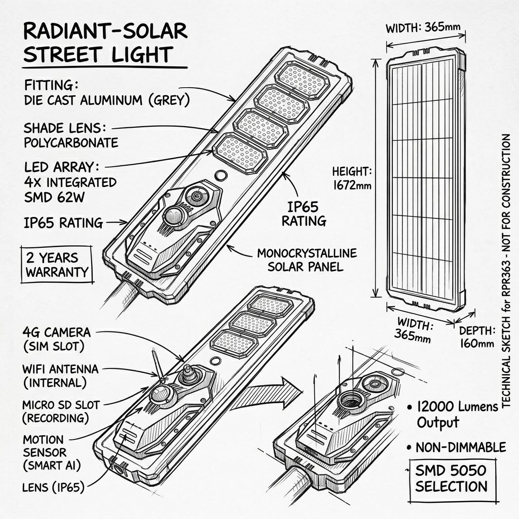 Radiant-Solar Street Light with Wi-fi 4G Camera-RPR363-IP65-6500K-(2 Years Warranty)-Modern product dimensions-Mr Smart Lighting Company.