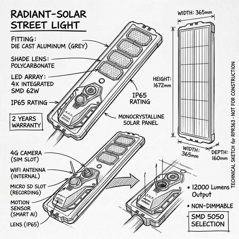 Radiant-Solar Street Light with Wi-fi 4G Camera-RPR363-IP65-6500K-(2 Years Warranty)-Modern product dimensions-Mr Smart Lighting Company.
