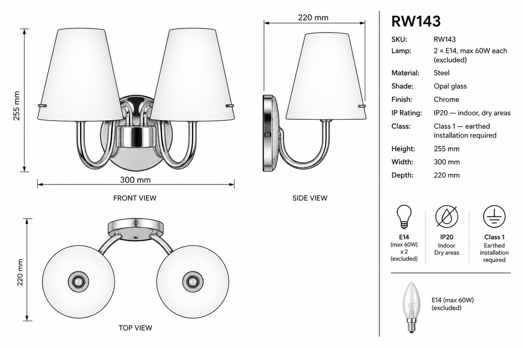 Radiant RW143 Madlyn 2-Light Wall Light–Chrome, 2×E14.