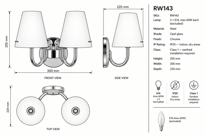 Radiant RW143 Madlyn 2-Light Wall Light–Chrome, 2×E14-Product Dimensions-Mr Smart Lighting Company