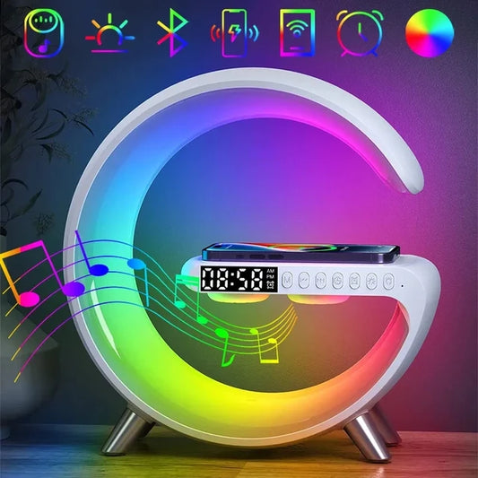 G-Shape Multifunction Light With Clock, Wireless Charger & BT Speaker.