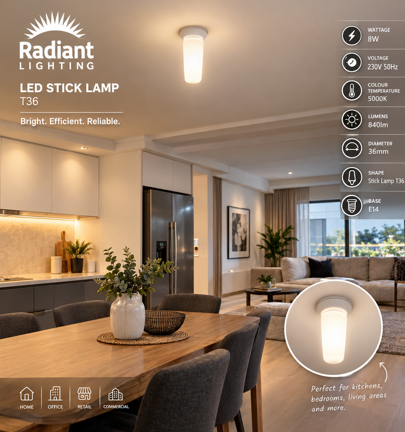 Stick Lamp T36 8W LED E14 5000K-Product dimensions-Mr Smart Lighting Company.