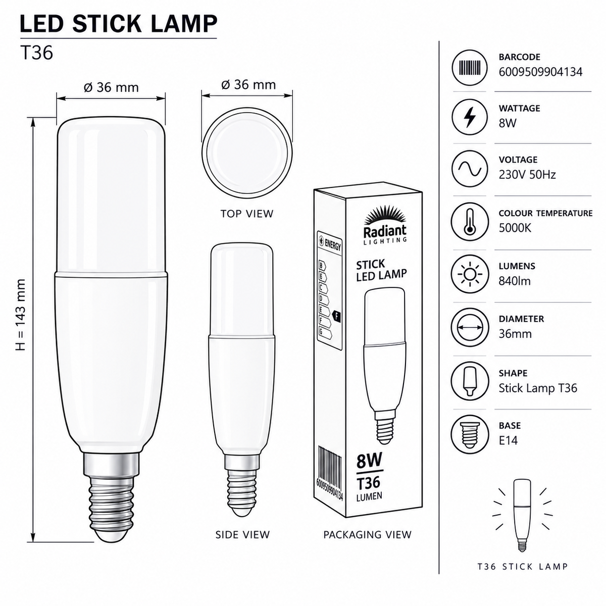 Stick Lamp T36 8W LED E14 5000K-Modern product dimensions-Mr Smart Lighting Company