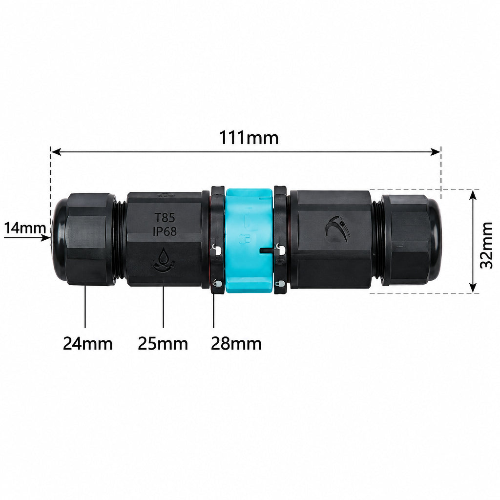 T85 Cable Connector Waterproof 2-Way Black-IP68-Dimentions-Mr Smart Lighting Company