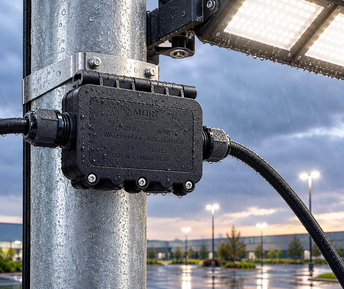 Waterproof Junction Box-WJB-2068-IP68-400V/32A-Mounted on a pole-Rainy-Mr Smart Lighting Company.