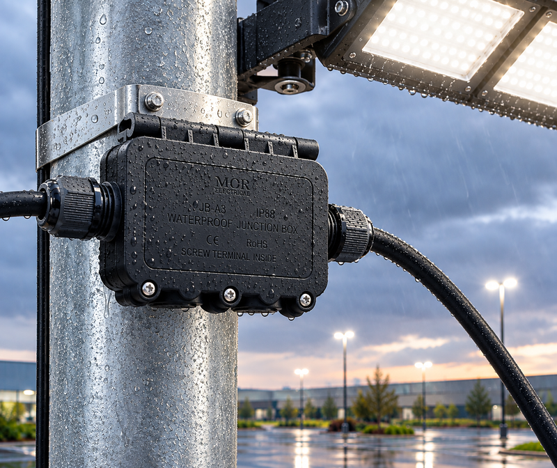 Waterproof Junction Box-WJB-2068-IP68-400V/32A-Mounted on a pole-Rainy-Mr Smart Lighting Company.