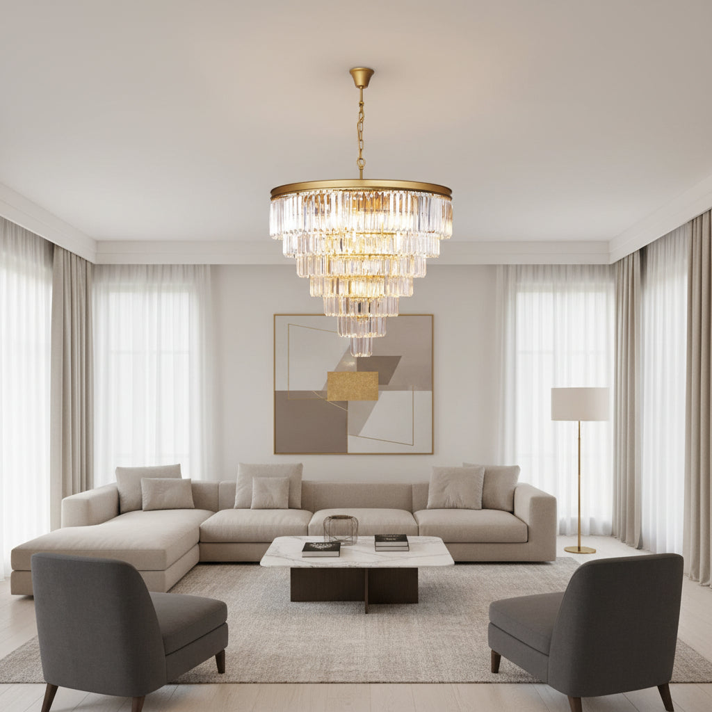 K-Light KLCH-6515/13-SG 230v 40W E14 Extra Large Crystal 7 Tier Chandelier, Satin Gold