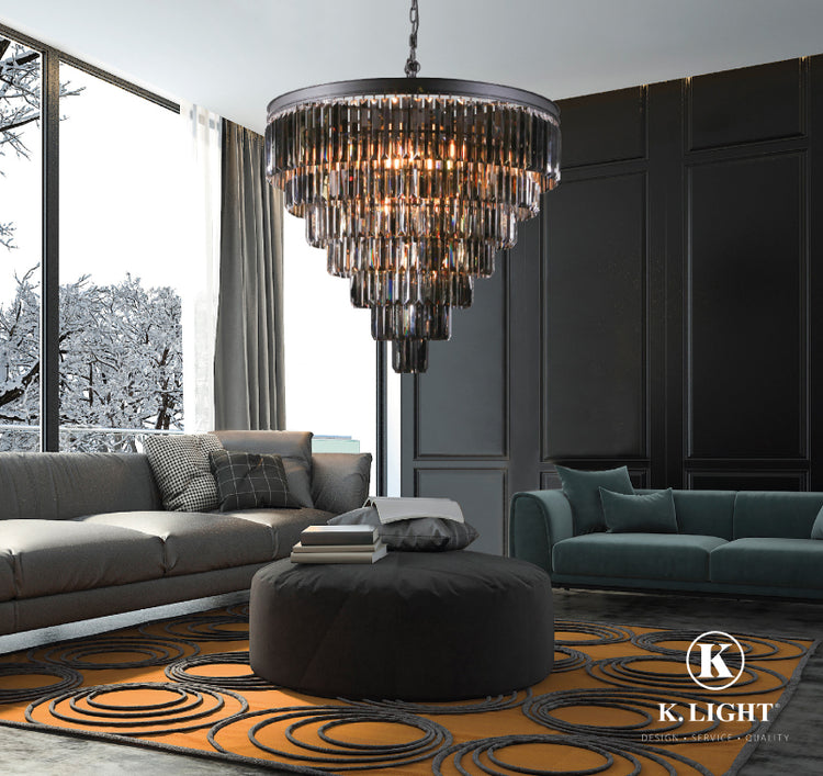 K-Light KLCH-6515/13-BL 230v 40W E14 Extra Large Crystal 7 Tier Chandelier, Charcoal Grey